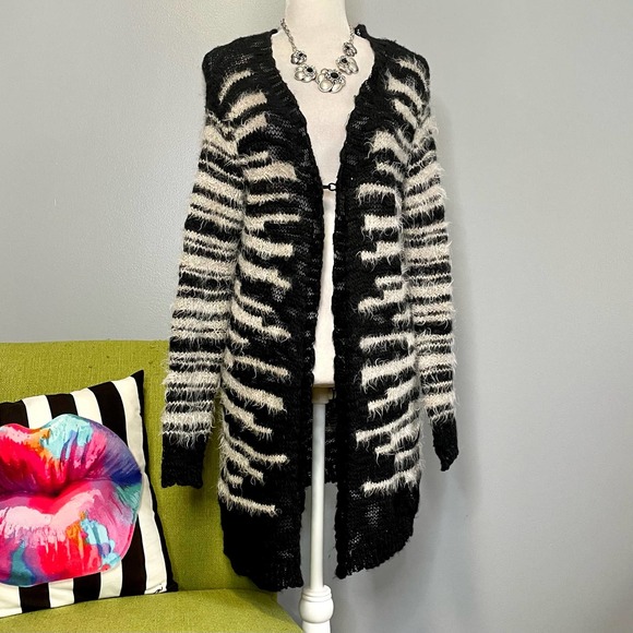 Nana Nucci Italy Black White Striped Cardigan Sweater Wool Alpaca - Picture 1 of 5